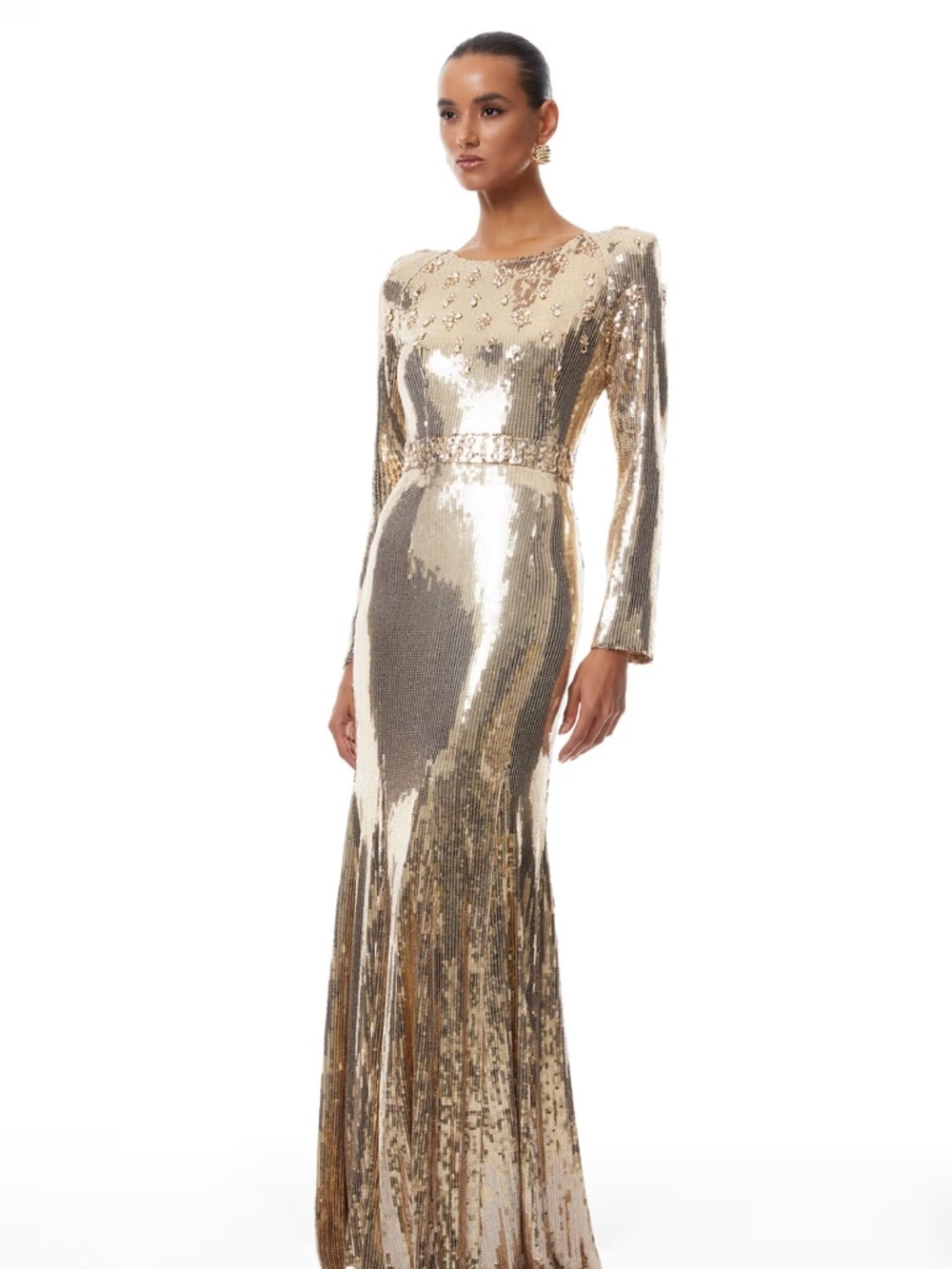 Gold Sequin Long-Sleeve Evening Gown